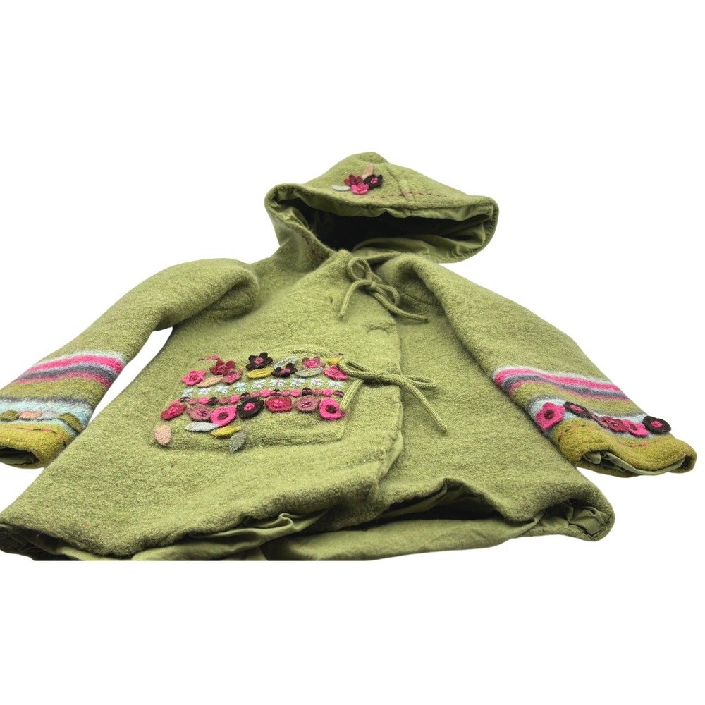 Vintage DPAM Toddler Green Wool‎ Embroidered Flower Hooded Coat Jacket 2-3 Years